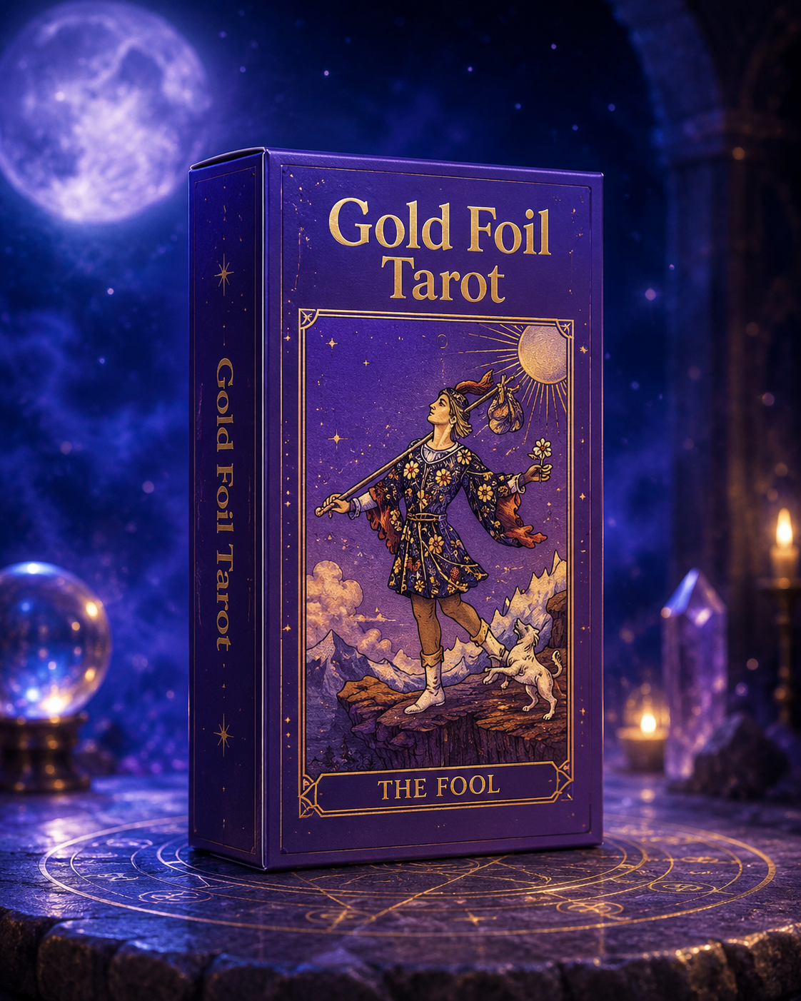 Blue and gold foil tarot card deck with mandala artwork for tarot readings and meditation