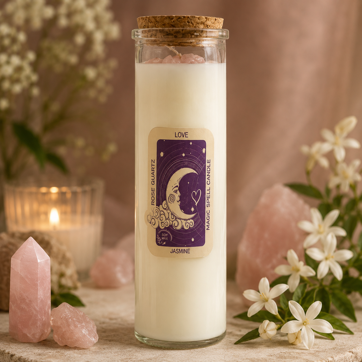 Love soy wax spell candle with rose quartz gemstones and jasmine fragrance in luxury glass jar