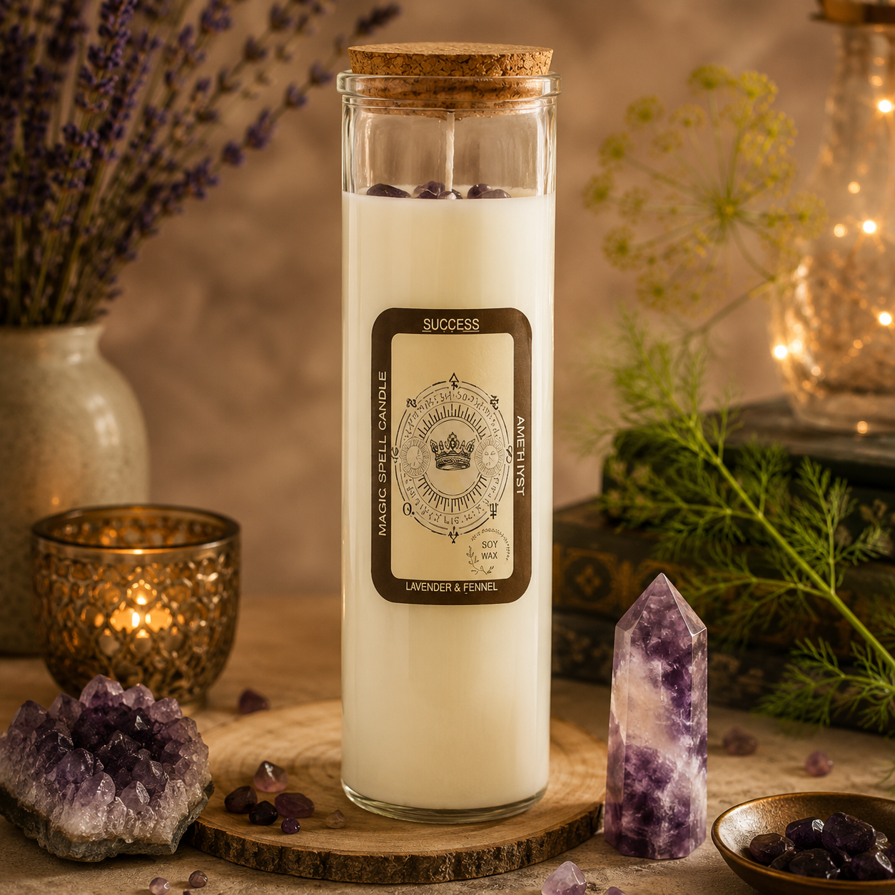 Success soy wax spell candle with amethyst gemstones and lavender fennel fragrance in luxury glass jar