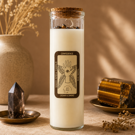 Good luck soy wax spell candle with black agate gemstones and liquorice fragrance in luxury glass jar