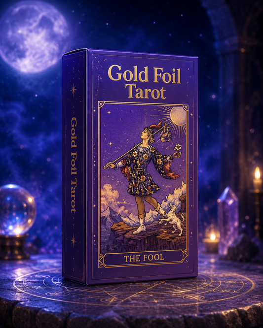 Blue and gold foil tarot card deck with mandala artwork for tarot readings and meditation