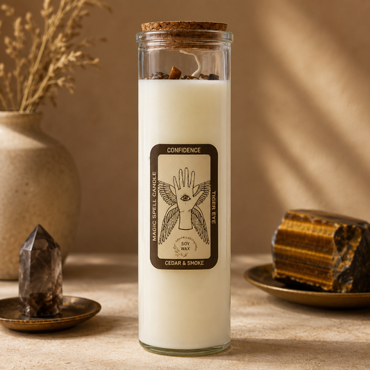 Confidence spell candle with tiger eye gemstones and cedar smoke fragrance in luxury glass jar